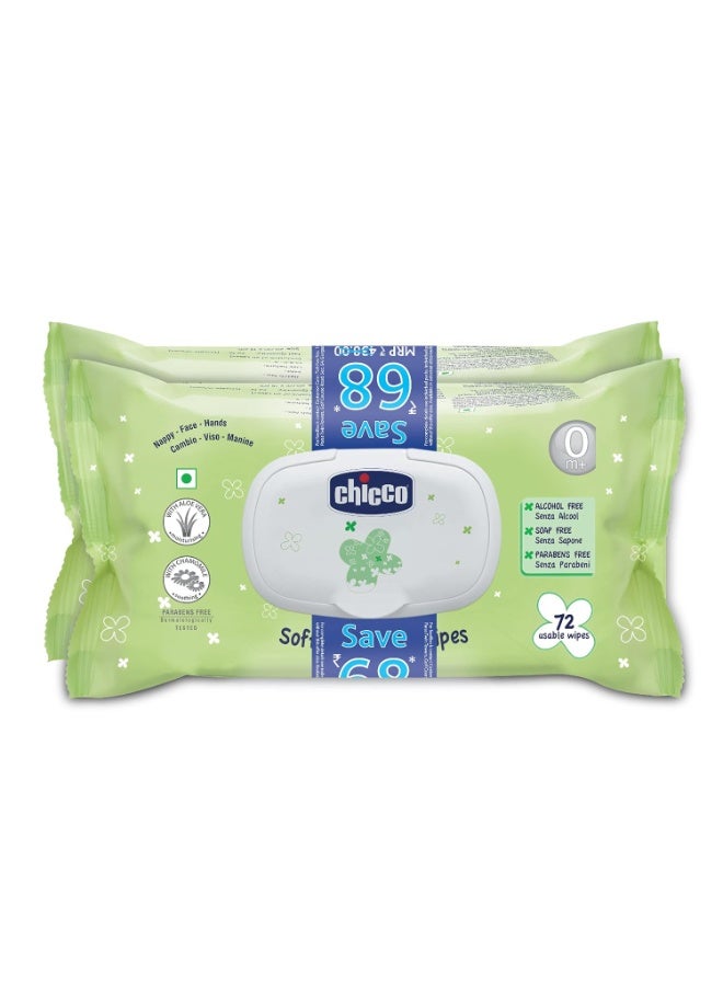 Chicco Baby Moments Soft Cleansing Baby Wipes, Ideal for Nappy, Face and Hand, Dermatologically Tested, Paraben Free, Fliptop Pack (Pack of 2, 72 Sheets per Pack), white - Image 1